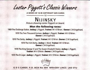2000 GDS Cards Lester Piggott's Classic Winners #12 Nijinsky Back